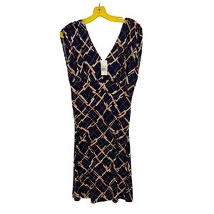 NWT Cabi Felicity Navy Blue Geometric V-Neck Dress Size Medium Cocktail